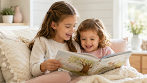 Older sister reading a book to younger sister